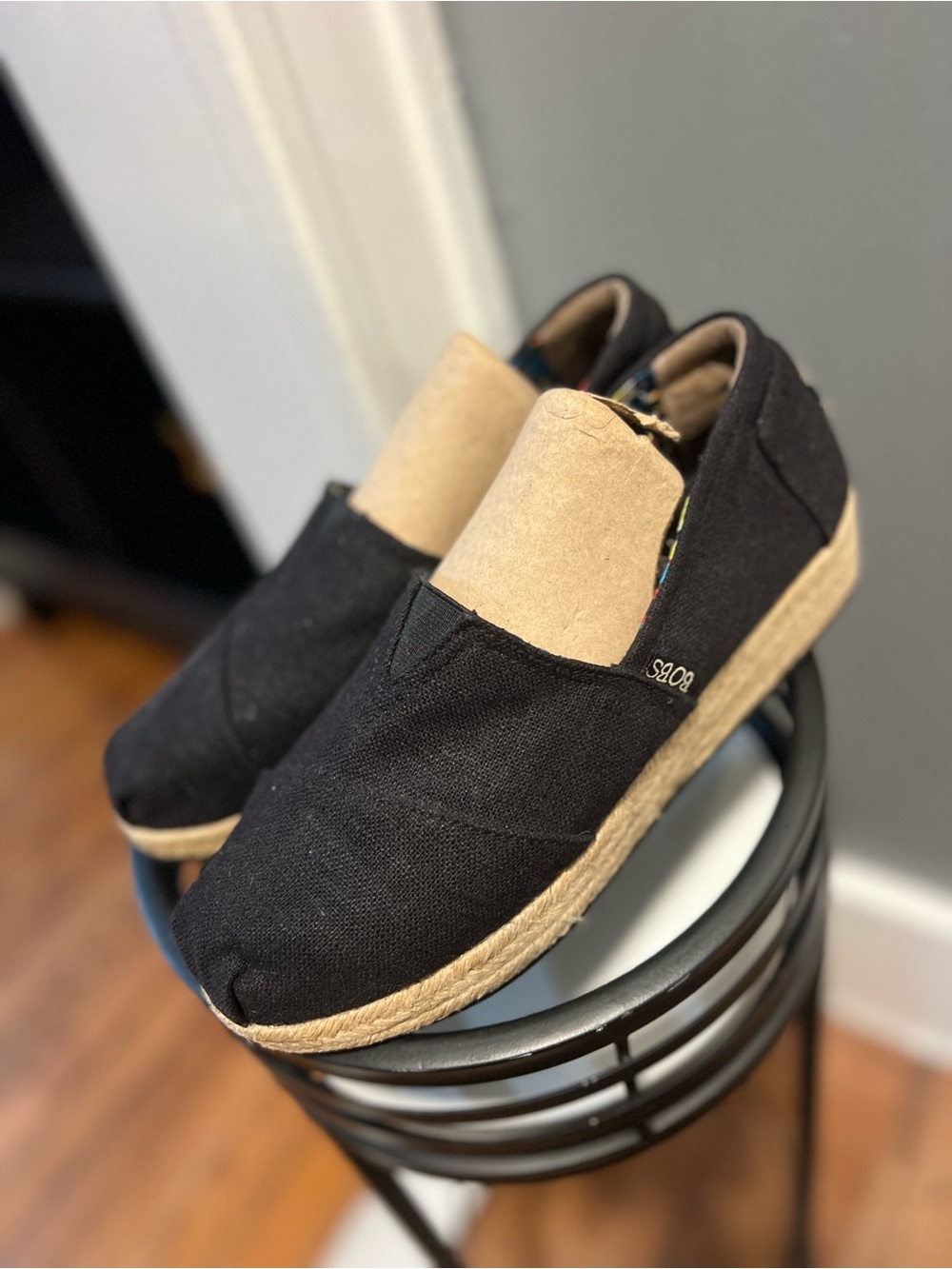 BOBS Womens Black Canvas Slip-On Flats Espadrille Accent Memory Foam Size 8